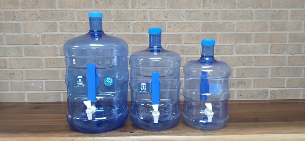 Available water jugs in a variety of sizes with valves.