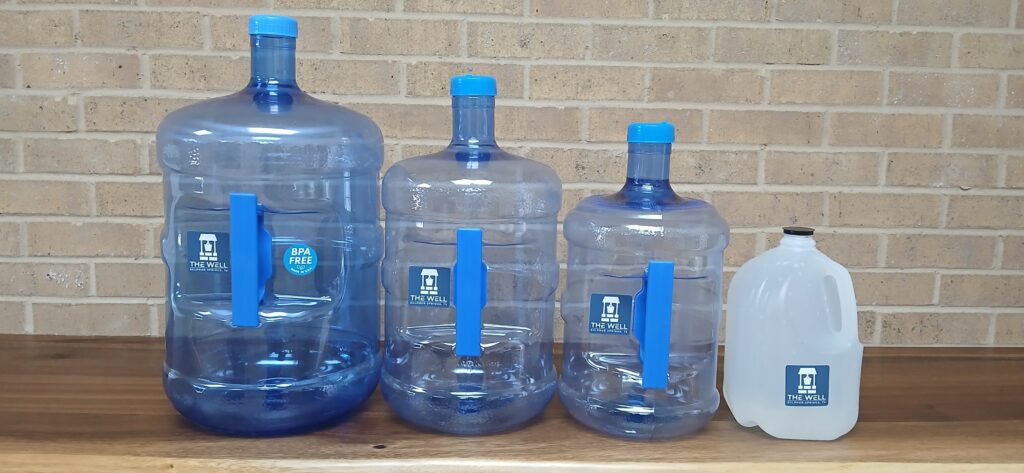 Available water jugs in a variety of sizes.